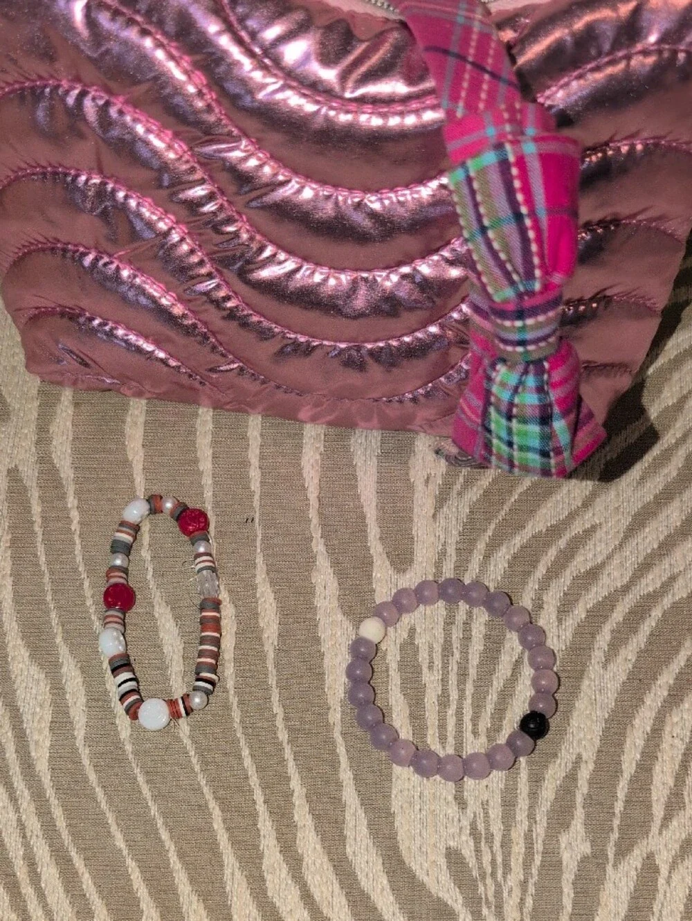 Metallic Pink Quilted Wristlet Pouch With Headband And 2 Kids Bracelets